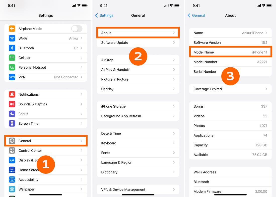 Screenshot af iPhone model guide